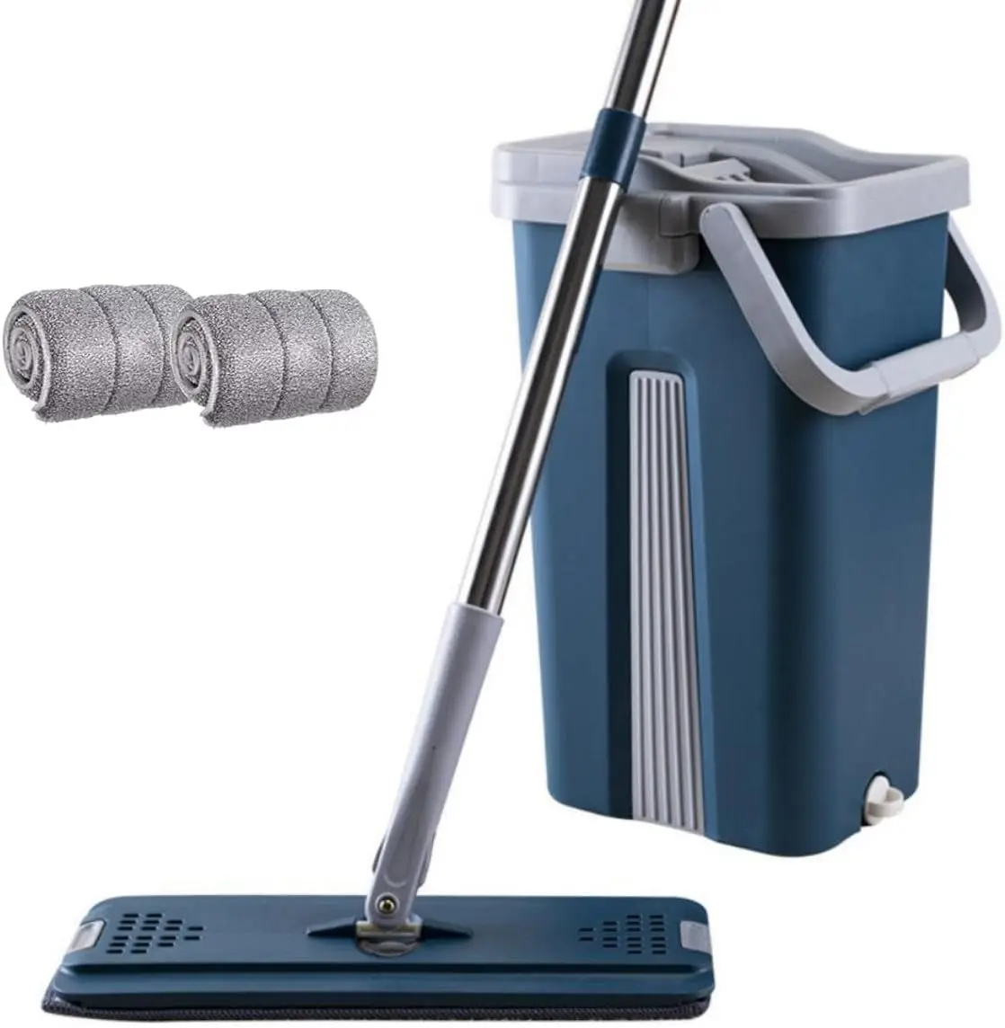 SKY-TOUCH Mop and Bucket : Flat Mop Bucket System with Wringer Set Squeeze Mop Bucket Set with Long Handle 2 Pads