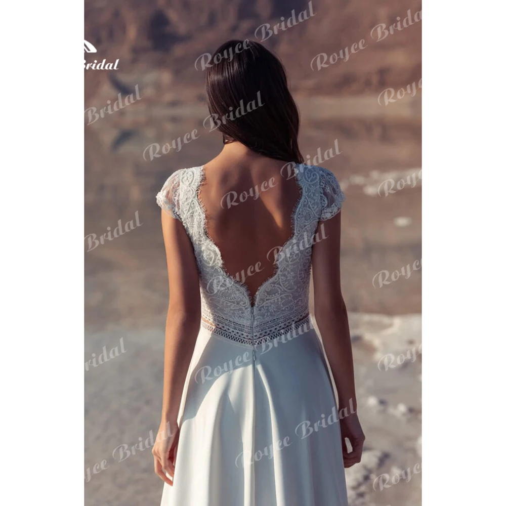 Robe de mariée en mousseline de soie avec col en V pour femme, robe de plage sexy, mancherons courts, dos nu, dentelle, robe trapèze, 2025