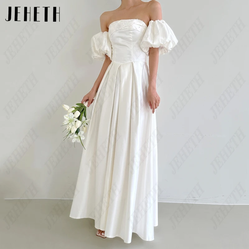 

JEHETH Strapless Pleat Pearls Korea Wedding Dresses Women Simple Satin Bridal Gown Puff Sleeve Backless 웨딩드레스 Photography A-Line