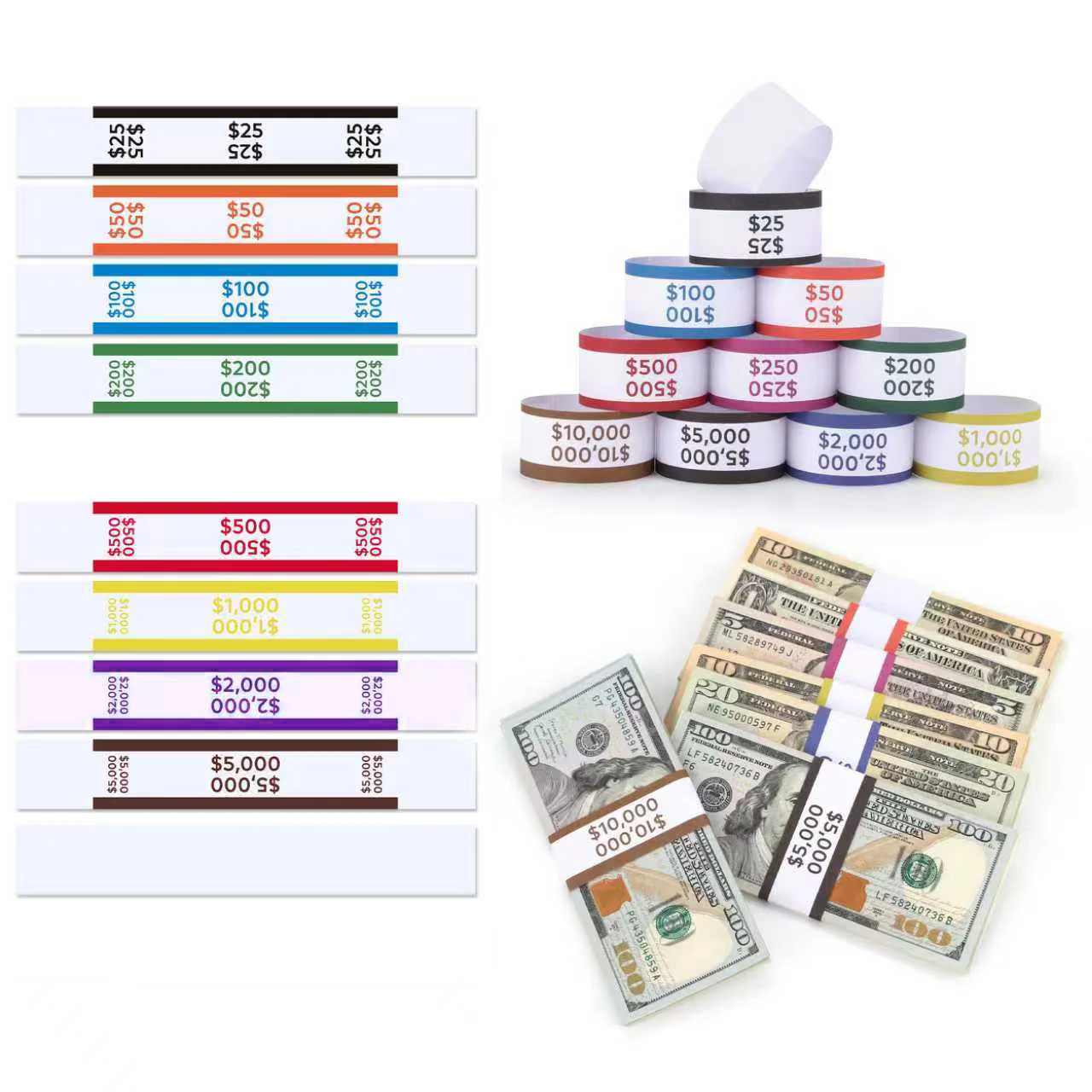 

450pcs Assorted Money Bands Self--Sealing money straps bill glued Duty-Kraft floss cash currency binding tous Fake Clinton band