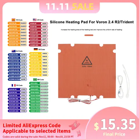 FYSETC-almohadilla calefactora de silicona con orificio, 300/350mm, 220V, 750W/1000W, cama caliente para Voron 2,4 R2/Trident, piezas de impresora 3D