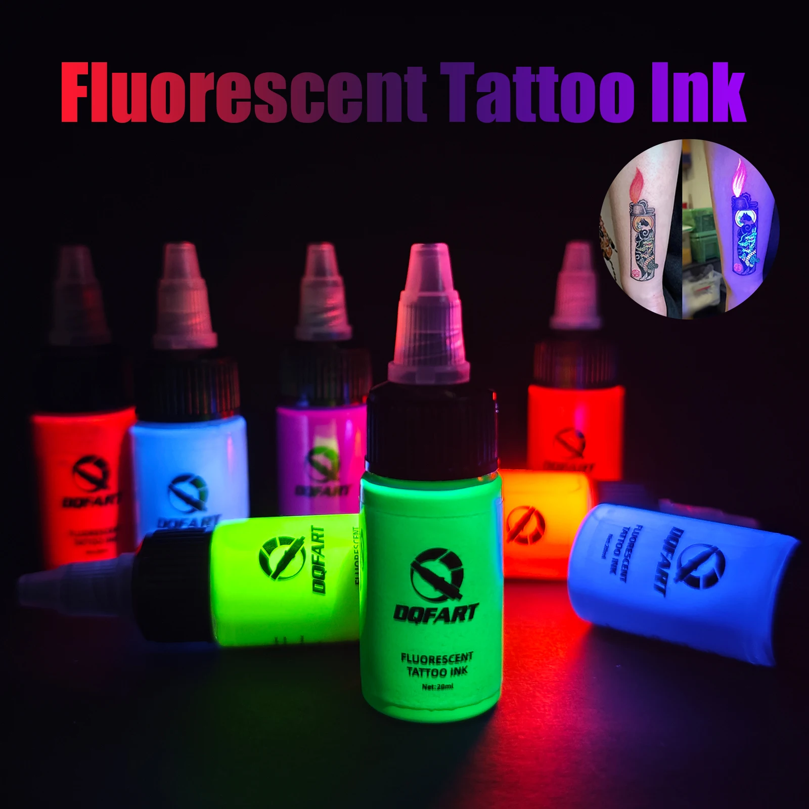 

DQFART Tattoo Ink Set - 20ml (0.65OZ) Tattoo Ink Pigment Set, 8 Colors Bottle Professional Tattoo Fluorescent Ink for Halloween