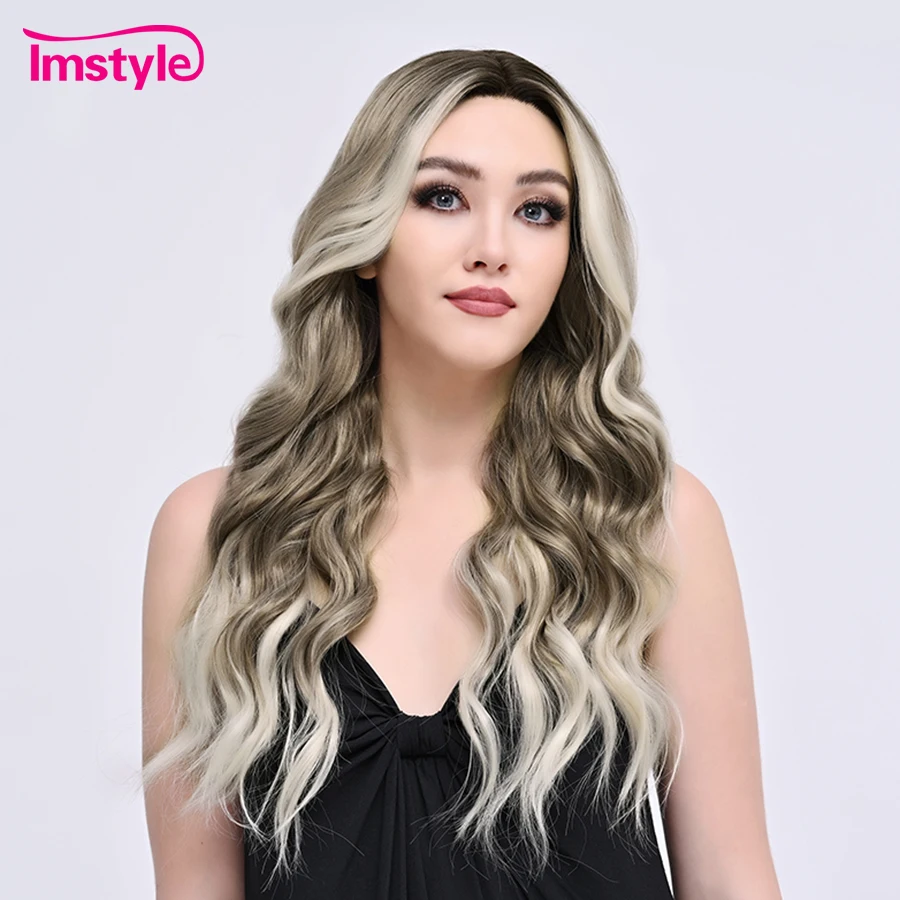 

Imstyle Synthetic Lace Front Wig Ombre Brown Wig Highlight Blonde Wigs Middle Part Natural Wavy Wig Heat Resistant Daily Wear