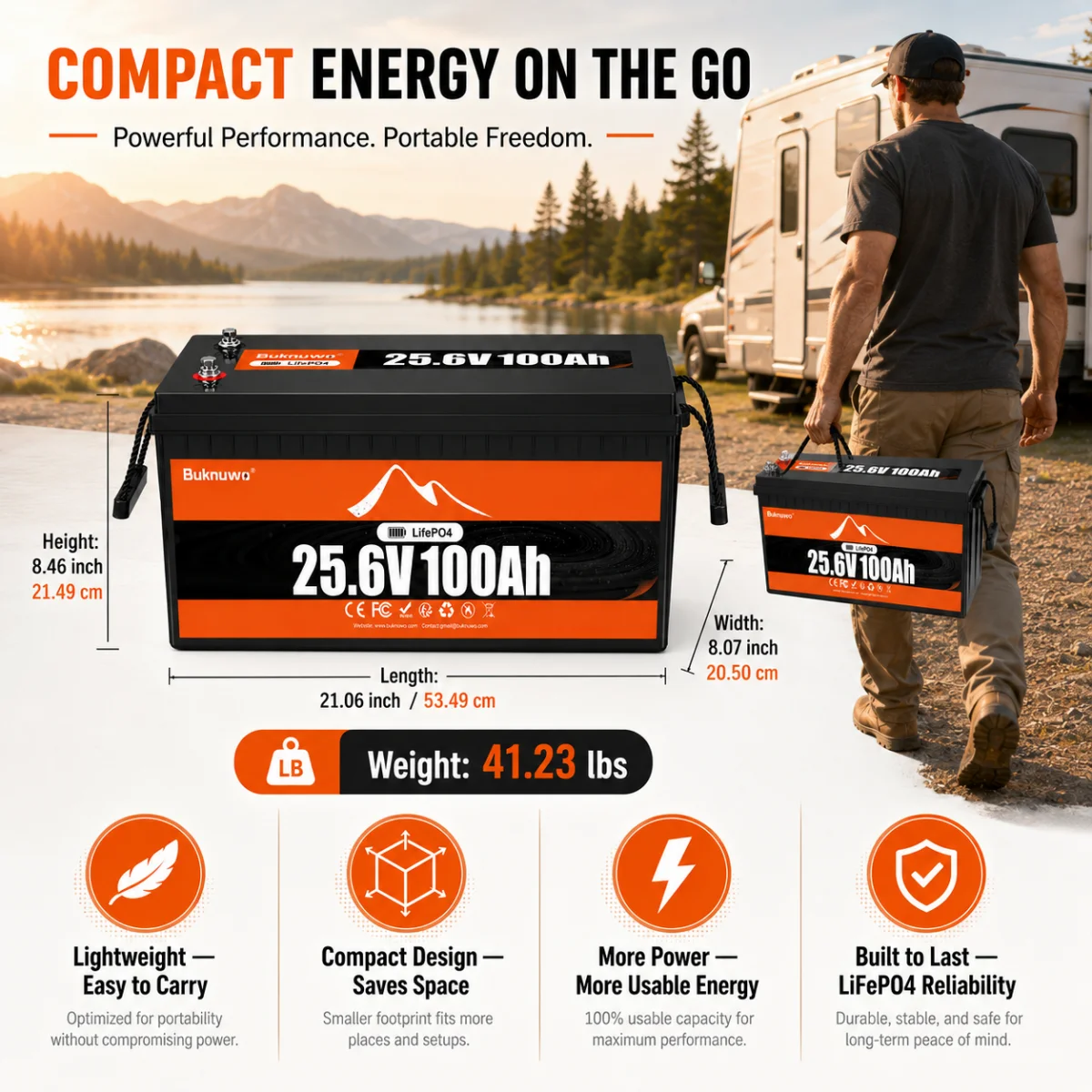 Buknuwo 24V/25.6V 100Ah M8 LiFePO4 Lithium Battery With Bluetooth, 2560Wh Power Energy Storage Battery, Built-in 100A BMS Grade A Cells, Low-Temp Protection, Capable Of Over 6000 Cycles Support Parall image 4