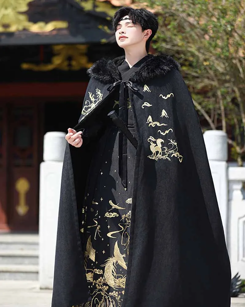 Men`s Cloak Winter Warm Chinese Hanfu Embroidered Golden Fox Black Long Cape Christmas New Year Costume Hanfu Clack For Women