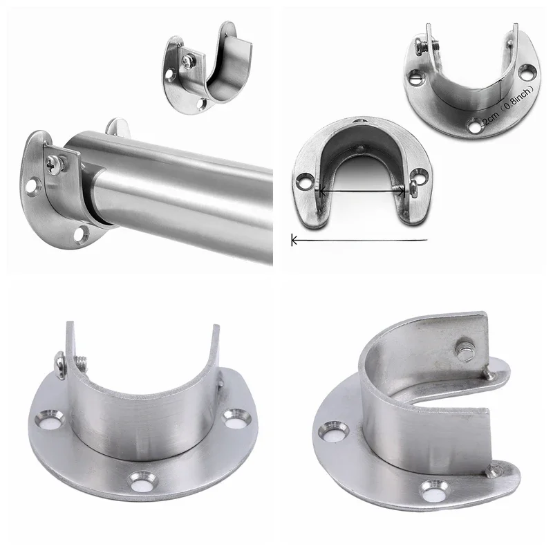 Rail à vêtements en acier inoxydable, tringle à rideau de placard, douche, douilles de poteau en forme de U, Supports d'extrémité de bride