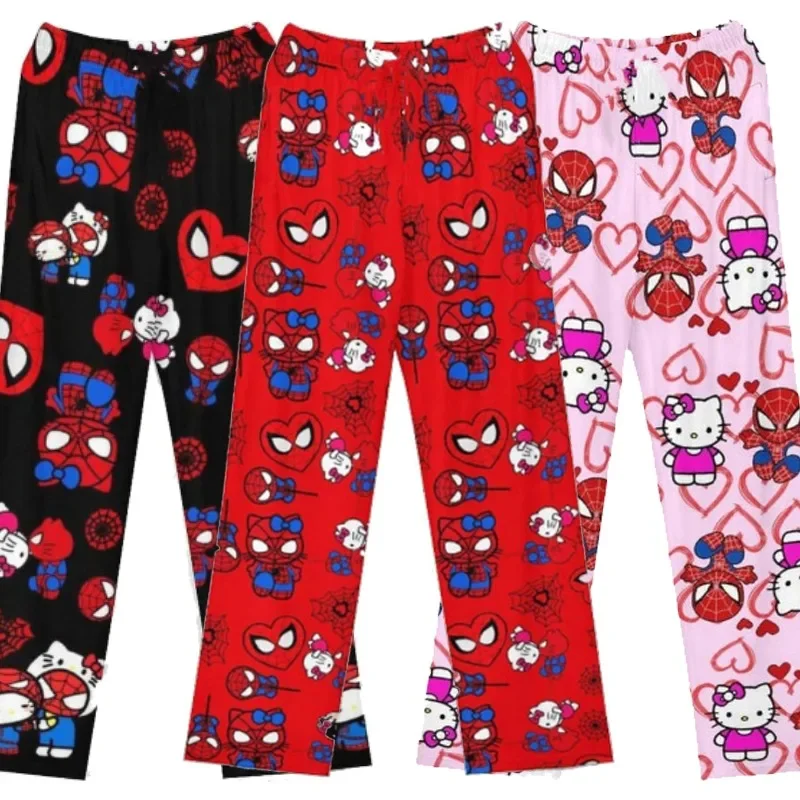 MINISO Hello Kitty Anime Y2k Kawaii Flannel Pajamas Women'S Warm Woolen Cartoon Casual Home Pants Autumn Winter Fashion Trousers