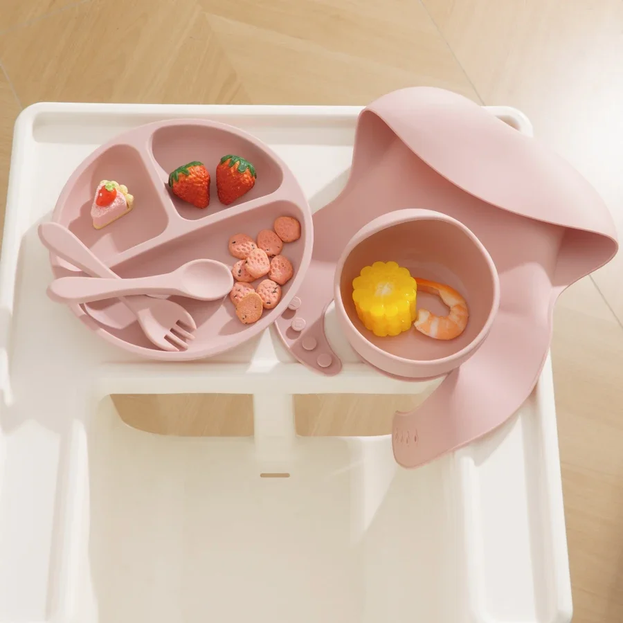 Ensemble d'alimentation en Silicone pour bébé, assiette à manger ronde, bol à ventouse, plats pour enfants, bavoir étanche, vaisselle pour enfants, tasse en paille, 5 pièces