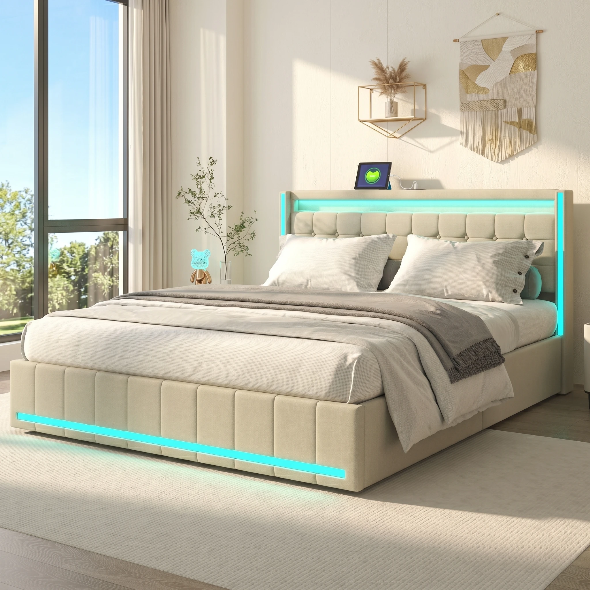 Cama 180x200 cm con 4 cajones, LED en cabecero y pie de cama, puertos USB, somier de láminas, estructura metálica, lino beige