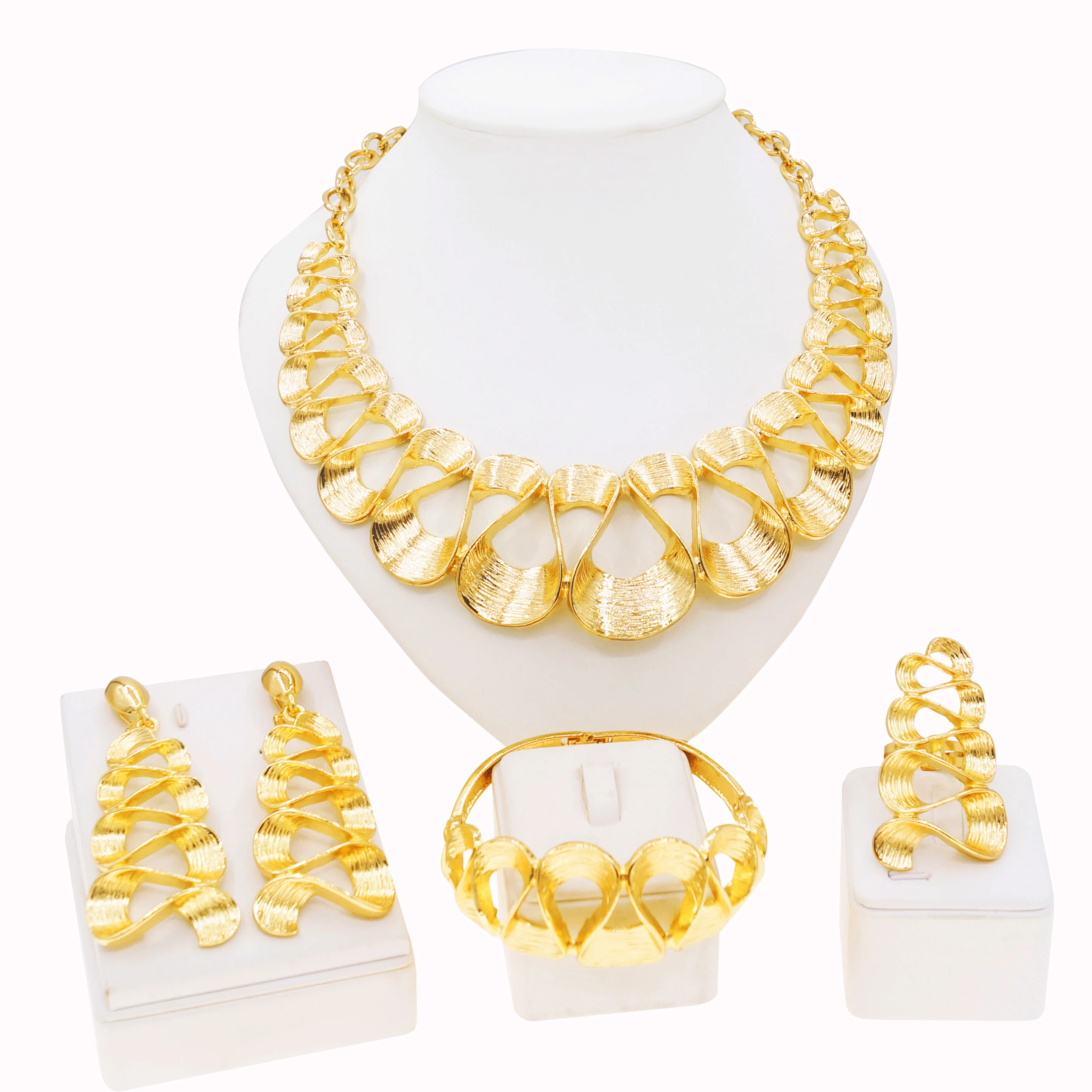 Dubai Gold Plated Jewelry Women Necklace Set Regular Round Pendant Brushed Glossy Bracelet Earrings Wedding Bijoux SYHOL