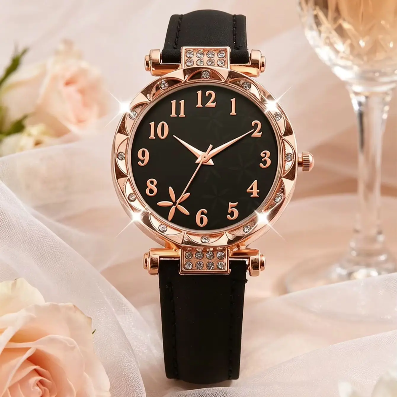 1 Piece of Heart-Shaped Digital Rhinestone Quartz Watch for Girls, Cute Casual Wristwatch, and 5 Pieces of Black Elegant Heart Feather Bracelets, Suitable for Holiday Gifts