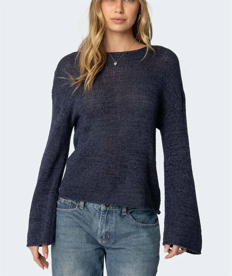 

Sexy Long Sleeve Sheer Sweater Women Pullover Top See-through Knit Blouse Fashion Beach Bikini Cover-ups