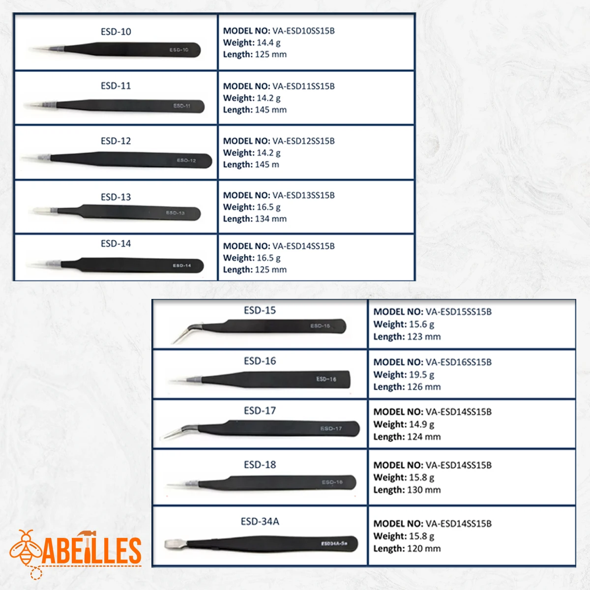 Pinzas de acero inoxidable antiestáticas, ESD-10, ESD-11, ESD-12, ESD-13, ESD-14, 1,0 MM, 1,5 MM