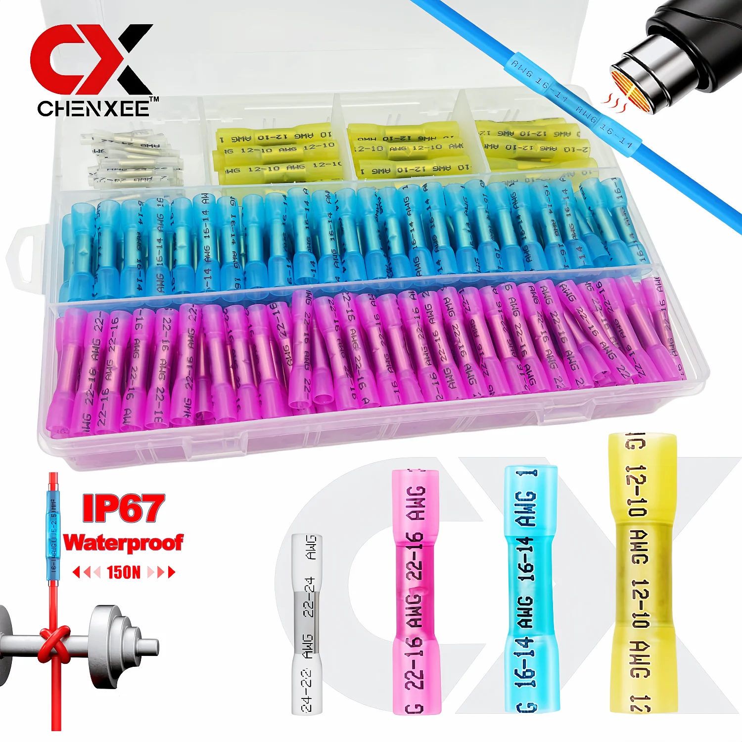 IP67 Waterproof Heat Shrink Butt Connectors Adhesive Lined Copper Tube Wire Splice Terminals for Automotive Marine Electrical