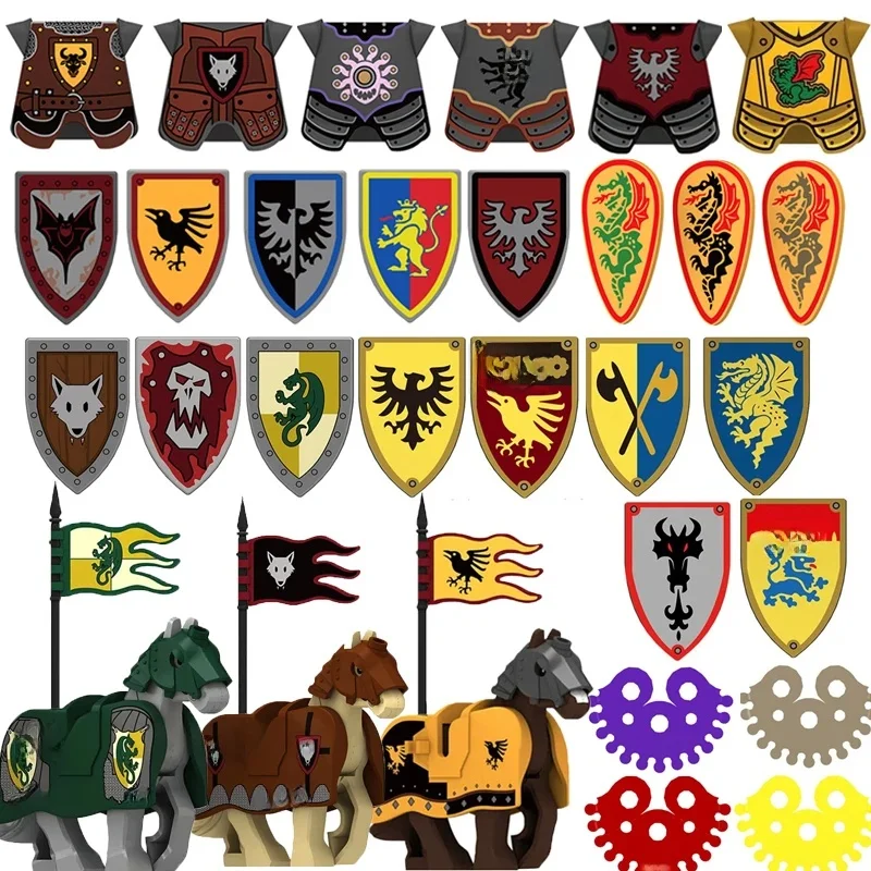 MOC – bloc de construction de chevaliers, Lion rouge médiéval, aigle noir, château de Dragon vert, figurine militaire, gilet, armure, drapeau, jouet cadeau