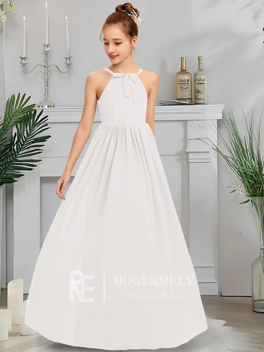 子供 A ライン ホルター シフォン レース ジュニア ブライズメイド ドレス フラワー ガール ドレス キッズ フロアレングス ウェディング ドレス カスケード フリル 01