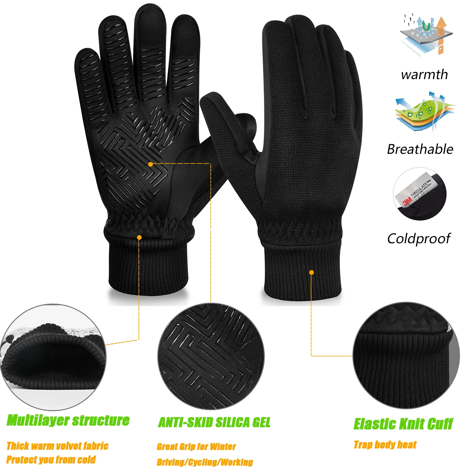 Mordook-luvas térmicas para homens e mulheres, anti-derrapante, quente, térmica, touchscreen, para bicicleta, ciclismo, 3m,-10 c, inverno