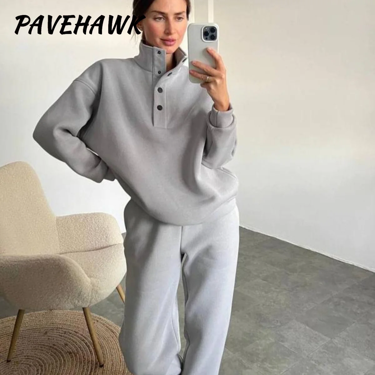 Women Elegant Solid Hoodies Sets Long Sleeve Stand Up Collar Loose Thick Button 2 Piece Set Loose Casual Pullover Long Pant Suit