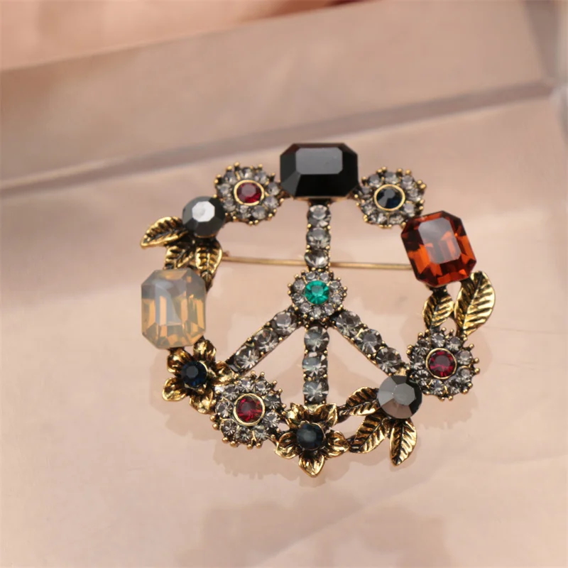 Broche de aleación de lujo de estilo vintage, 1 broche con signo de la paz de diamantes de imitación con incrustaciones de piedra artificial, para uso diario y de fiesta