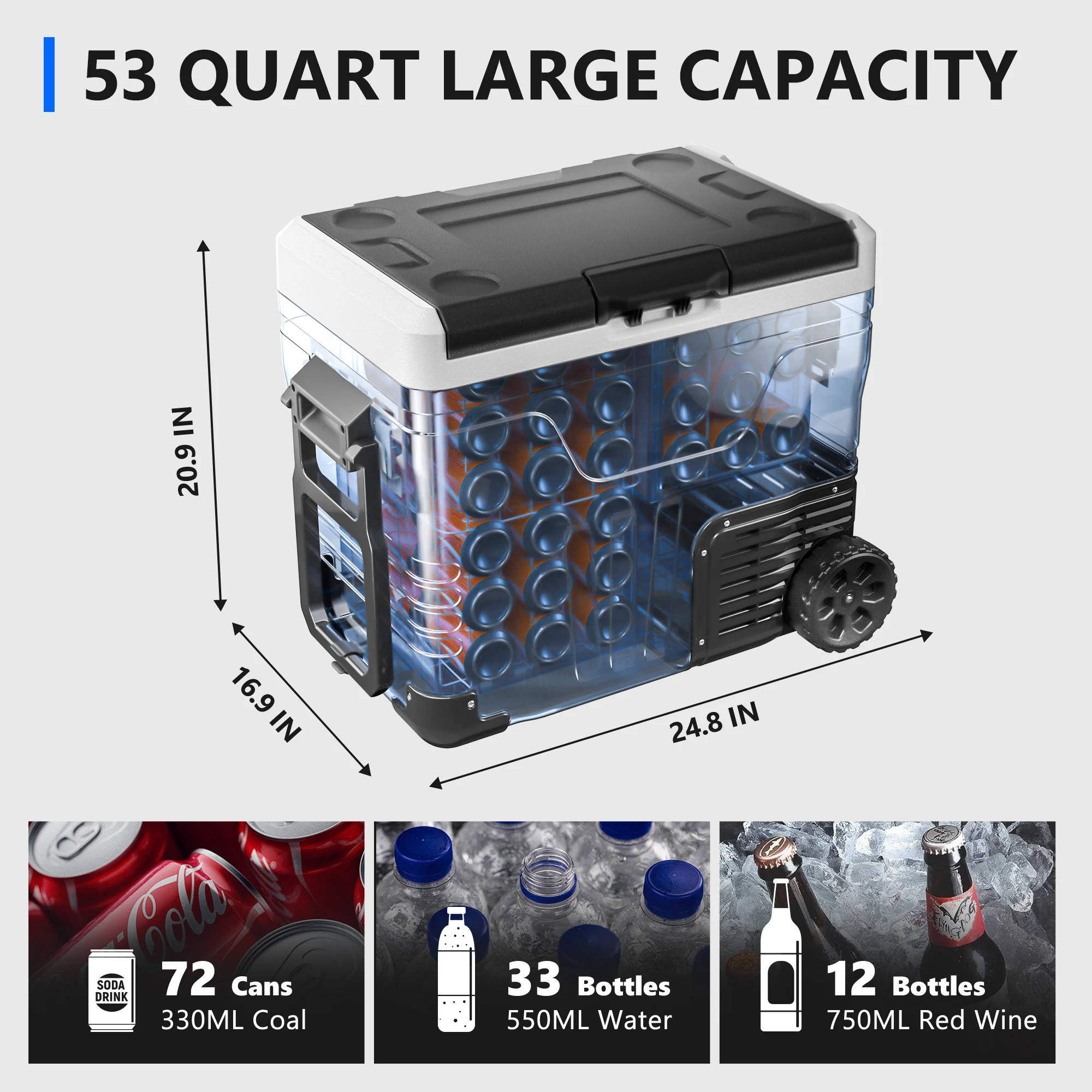 SIMZLIFE Lodówka 12 V, elektryczna lodówka 53QT (50 l), przenośna zamrażarka 12 V/24 V DC 110-240 V AC, lodówka -4 ℉ ~68 ℉   z kółkami