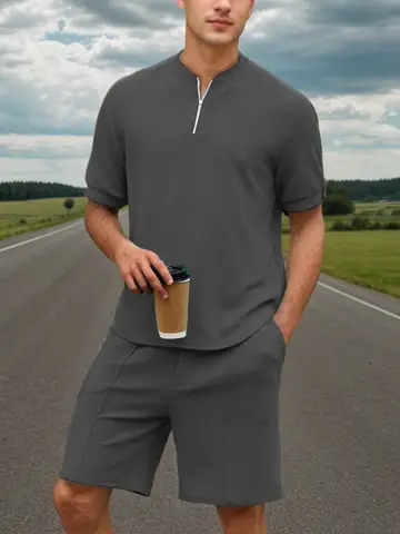 Herrkläder i två delar, casual, polotröja med kvarts dragkedja och shorts, sportig jogging-/sommarträningsoverall 10 best sales polotröja - №1