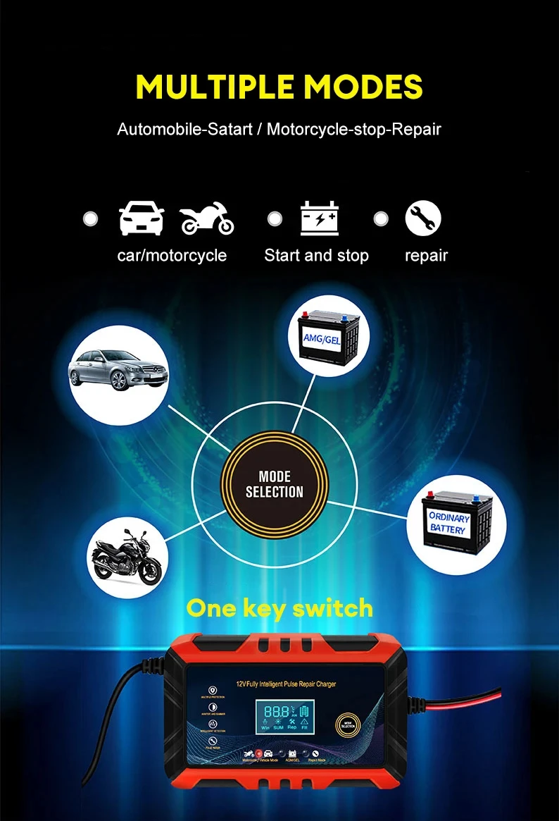 Chargeur de batterie de voiture et de moto, dispositif de charge de batterie, écran LCD, batterie au plomb, réparation intelligente, 12V