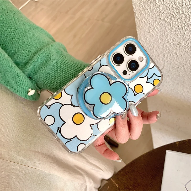 

Korea cute Summer flower Magsafe magnetic stand phone case for iPhone 14 13 16 15 Pro Max wireless charging Kawaii Cover Capa
