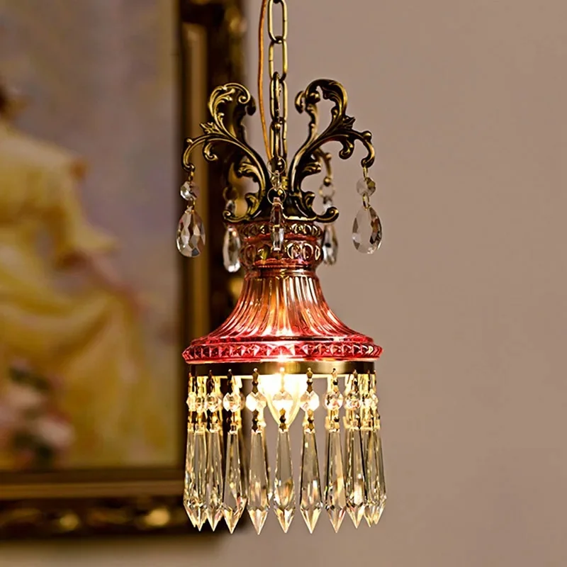 Franse kristallen kleine kroonluchter retro luxe slaapkamer nachtkastje hangend touw veranda gangpad gang balkon koperen hanglamp - afbeelding 2