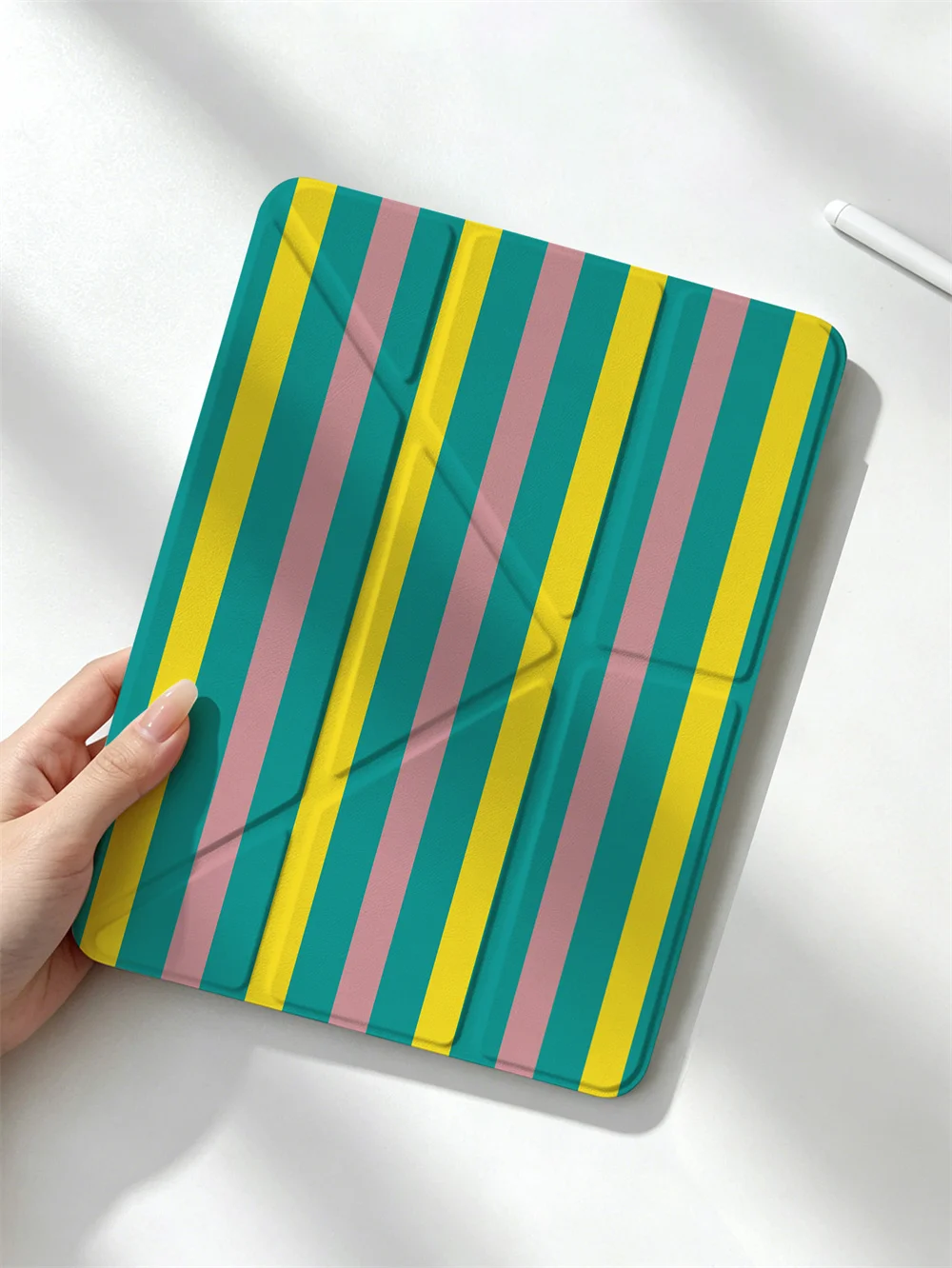 Cute Multicolor Vertical Stripe Y-Fold Shockproof Protective Tablet Case For iPad Mini6 /7 Air4 Air5 Air6 Air7 iPad9 iPad10 /11