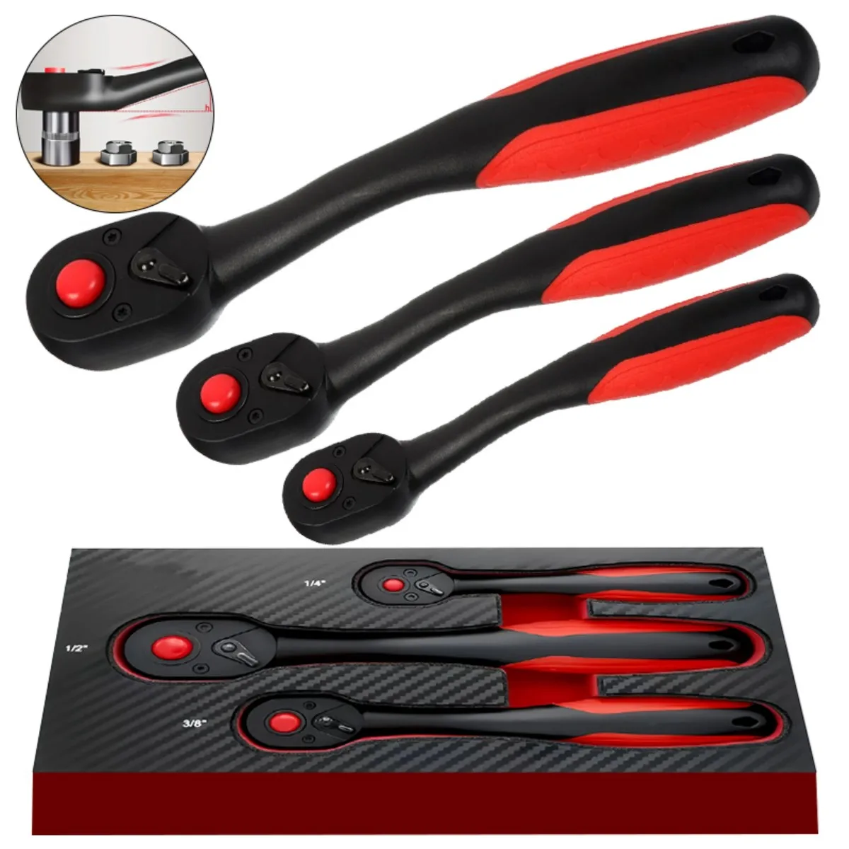 3pcs Heavy-Duty Ratchet Wrench Set with 1/4", 3/8", 1/2" Telescopic Sockets - 72-Tooth Quick-Release Mechanic Tool Kit