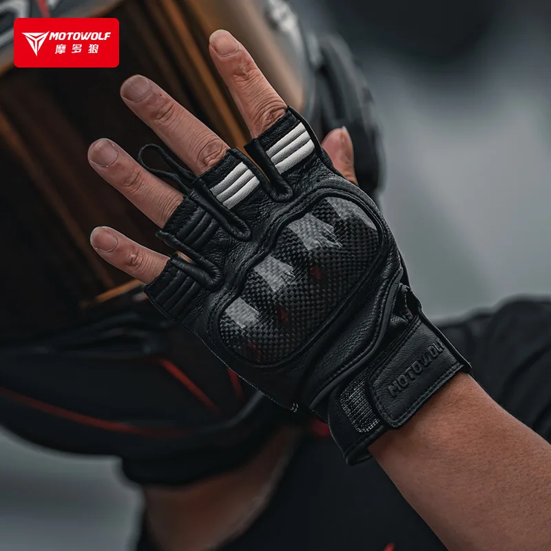 Leather Motorcycle Gloves for Summer Men Gloves Motocross Half Finger Fingerless Carbon Fiber Guantes Moto Luva Guanti Enduro