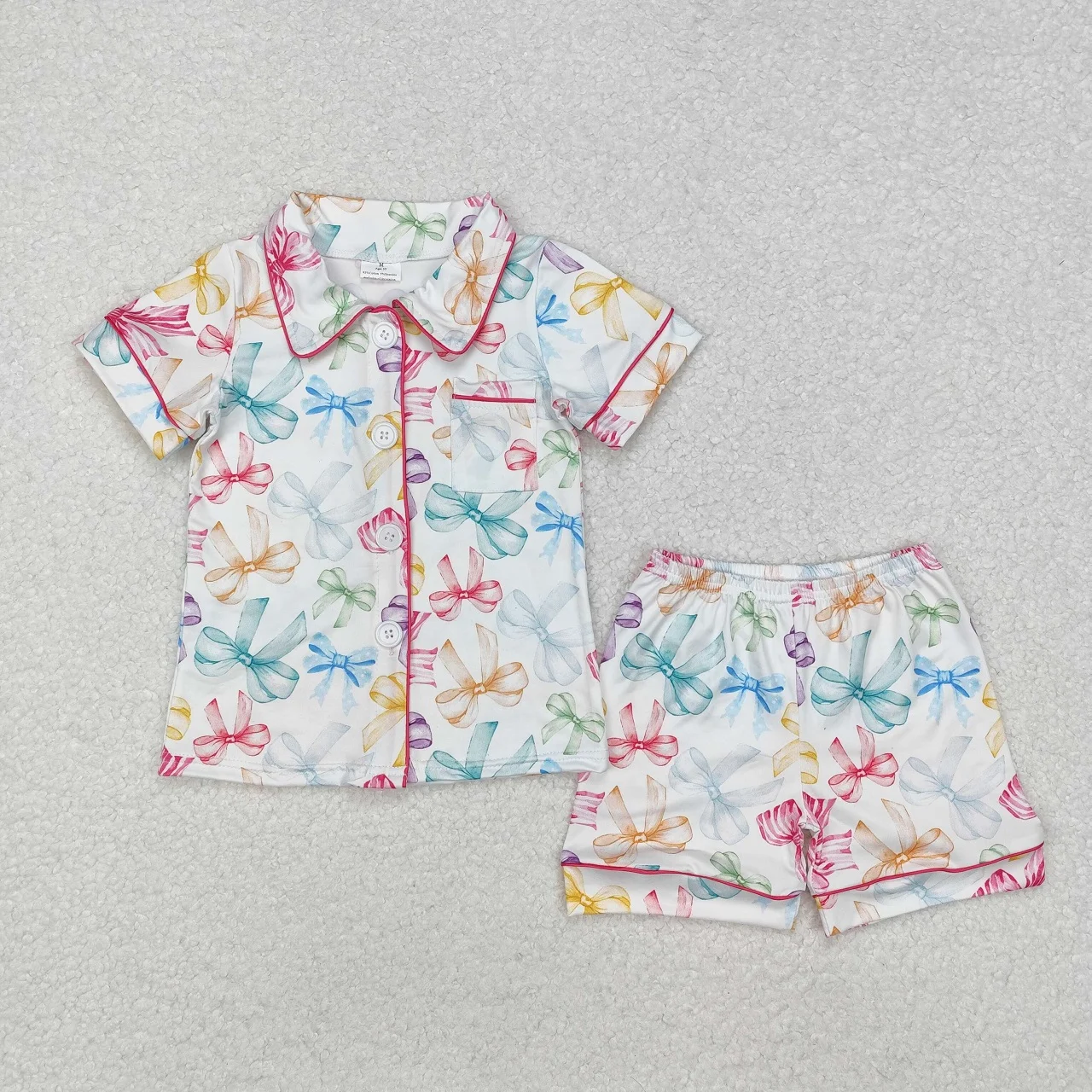 Wholesale Infant Pajamas Outfit Children Nightclothes Baby Girl Short Sleeves Colorful Bows Pocket Buttons Sleepwear Set Shorts