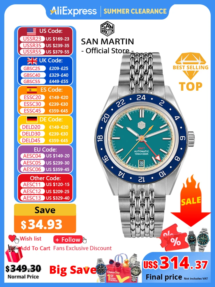 San Martin – montre de sport pour hommes, Design Original, mode GMT 39.5mm, japon NH34, automatique, mécanique, étanche 100m, SN0116 Reloj