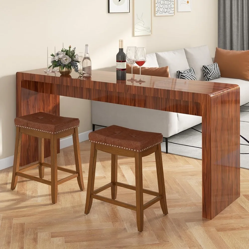 

Saddle Bar Stools Set of 2, 25-Inch Counter Height Barstools w/PU Leather Seat, Solid Rubber Wood Frame, Footrest, Mid-Century B