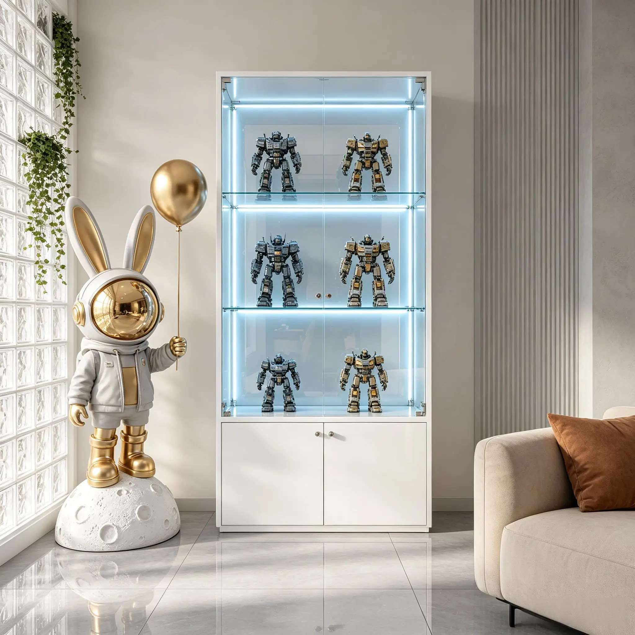 Vitrine verticale autoportante à 3 étagères et 2 portes, idéale pour objets de collection, vin, salon ou chambre, à rayures blanches.
