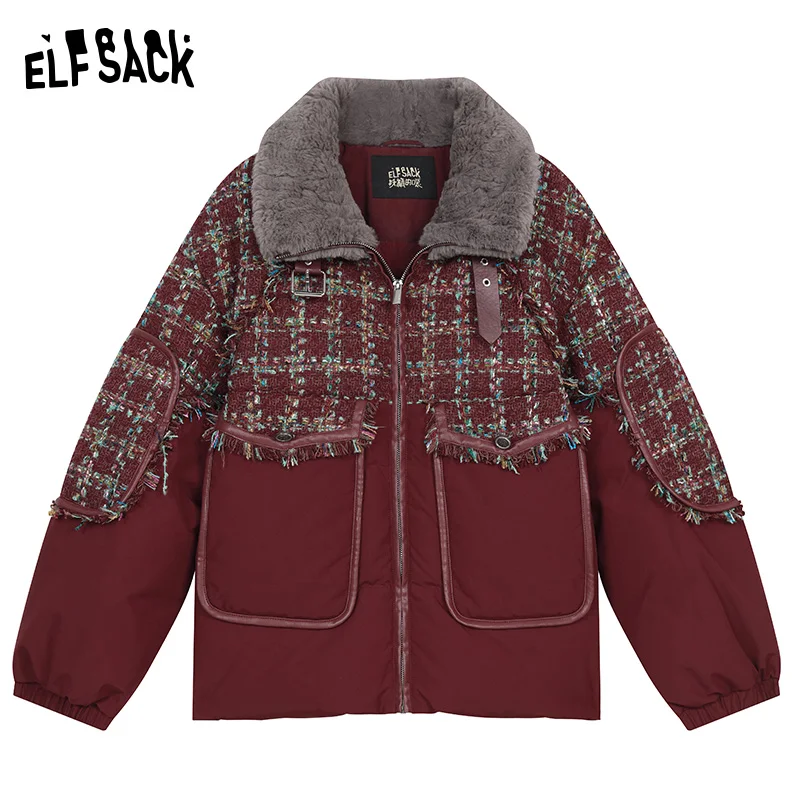 ELFSACK 2024 Winter New Arrivals Ancora red contrast stitching down jacket for women