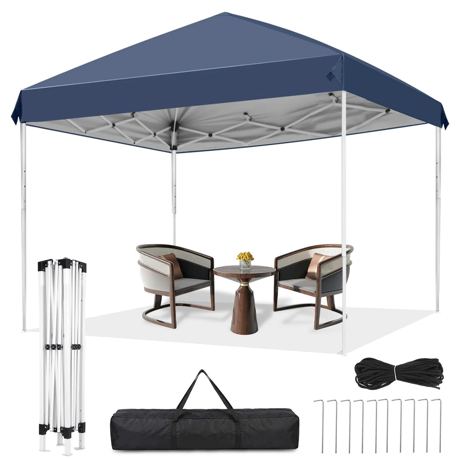 Kompakter, faltbarer 2m×2m Pop-Up-Sonnenschutz, Allwetter-Außenunterstand mit Windseilen & Erdspießen, 3-stufig höhenverstellbarer Outdoor-Pavillon mit Tragetasche