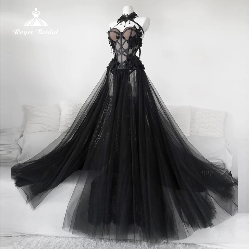 Gaun Pernikahan Panjang Hitam Gotik 2023 Gaun Pengantin Seksi Vestidos De Novia Gaun Pernikahan Tulle Seksi Trouwjurk Gaun Pengantin Ukuran Besar