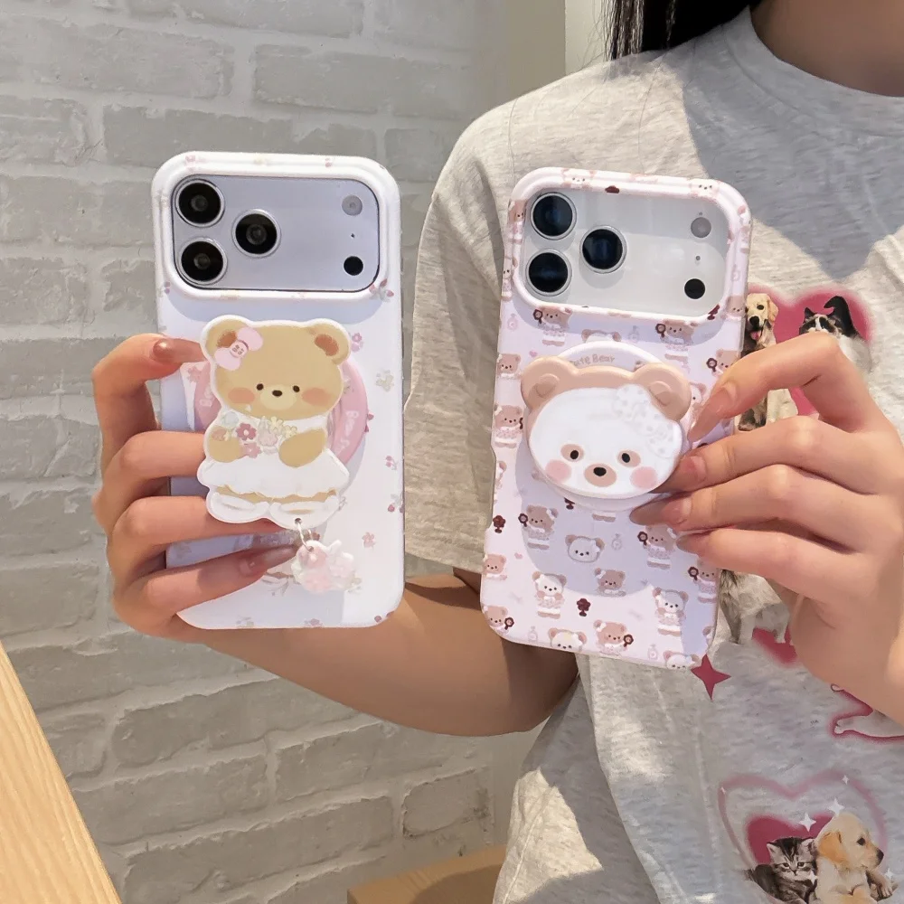 Kawaii Floral Bear Print Phone Case For iPhone 17 Pro 16 Max 15 16 17 Pro Max 15 Pro Cute Cartoon Shockproof Cover With Magnetic