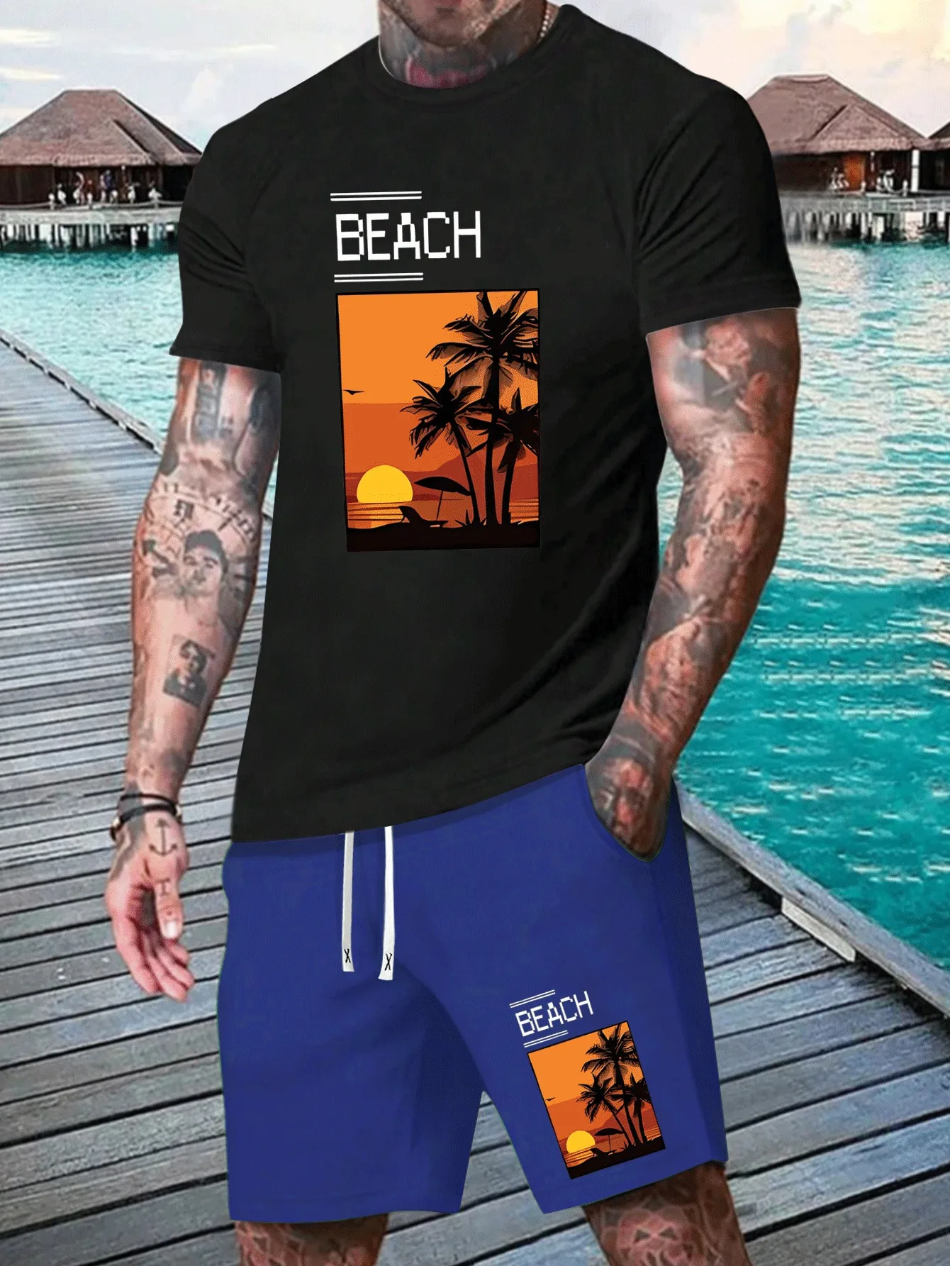 New Hawaiian Beach Scenery Printed Men Tracksuit Ultra High Appearance Value 2 Piece Set Male Fashion Casual Oversized Clothes