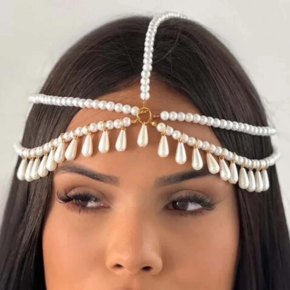 Stonefans Pearl Tassel Headdress Jewelry Pearl Handmade Club Wedding Ballroom Tiara Festival Headbands Hat Girl for Women Gifts