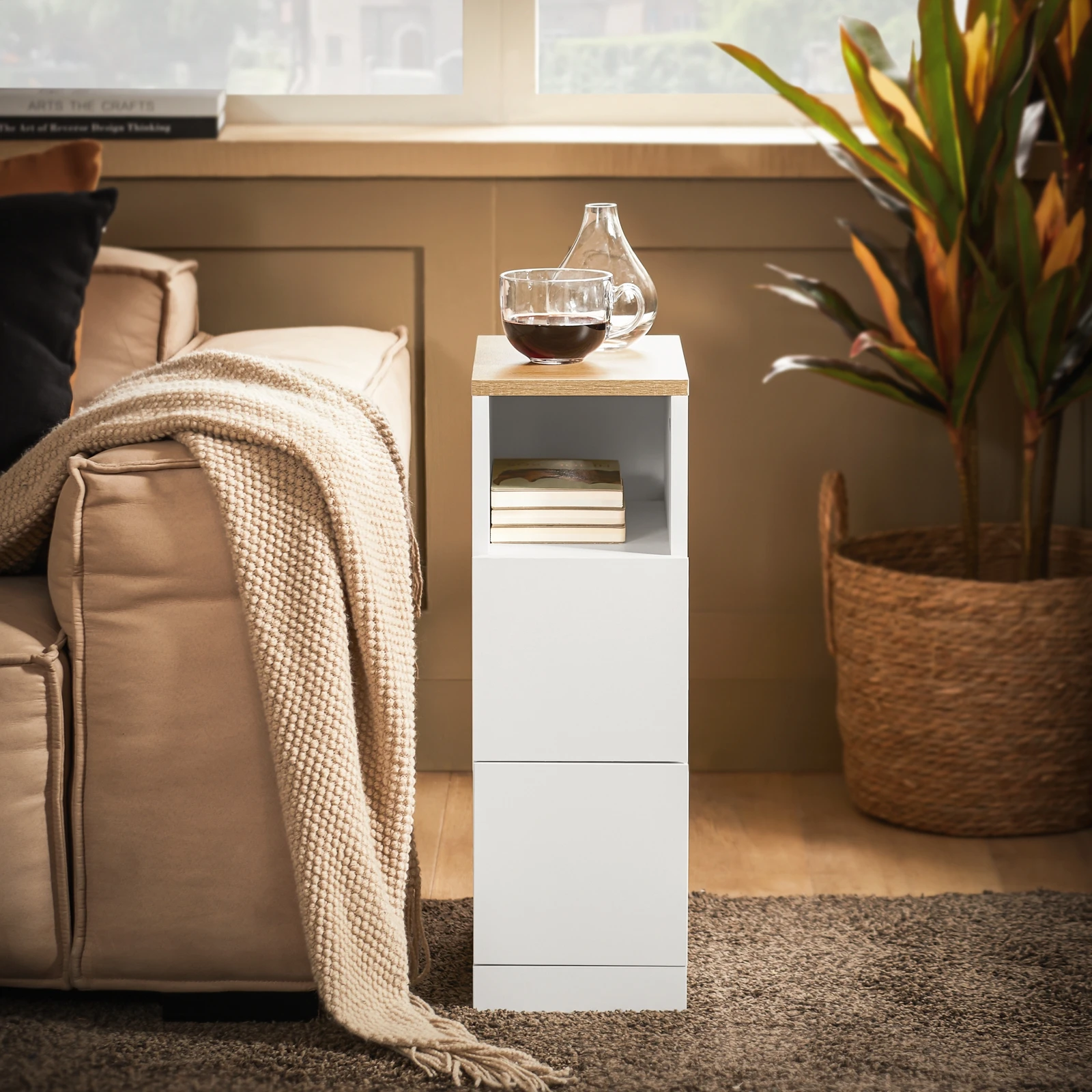 SoBuy FBT149-WN Mesita de noche estrecha con 2 cajones y almacenamiento, mesita de noche para dormitorio Blanco B20 X T35 X H60cm