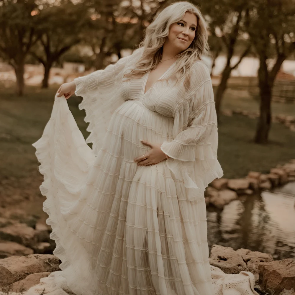 Maternity Photography Boho Pregnant Dress Long Sleeve Lotus Leaf Lace Pregnancy Women Long Dress For Photo Shoot Props