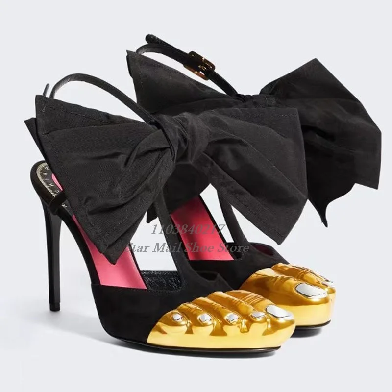 

New Pointed Toe Gold Thumb Sandals Spliced Material High-Heeled Mules Ankle Black Butterfly Knot Decoration Designer Heel Shoes