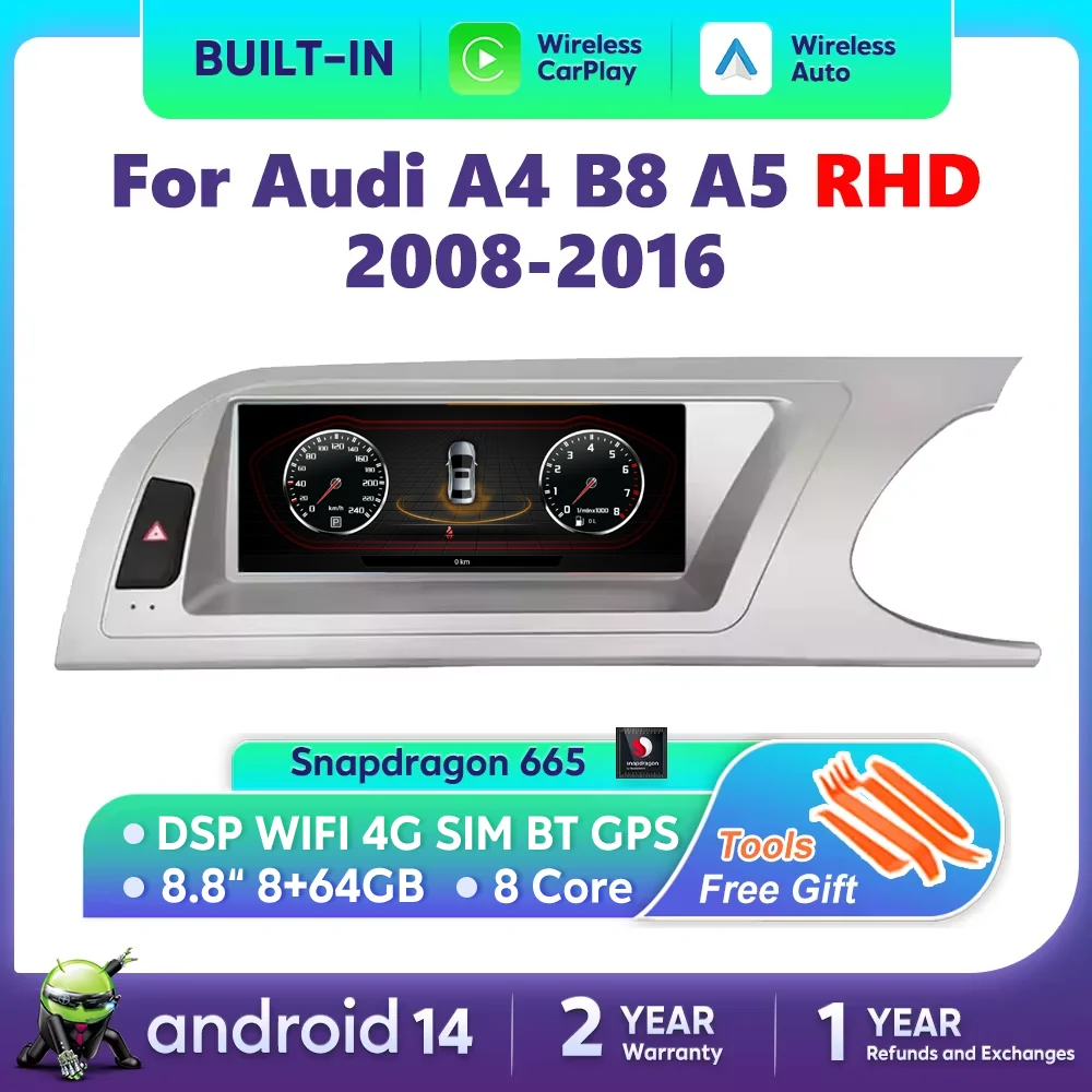 For Audi A4 B8 A5 2008-2016 RHD MMI 2G 3G Android 14 Carplay Auto Radio Screen GPS Navigation Car Multimedia Palyer Video