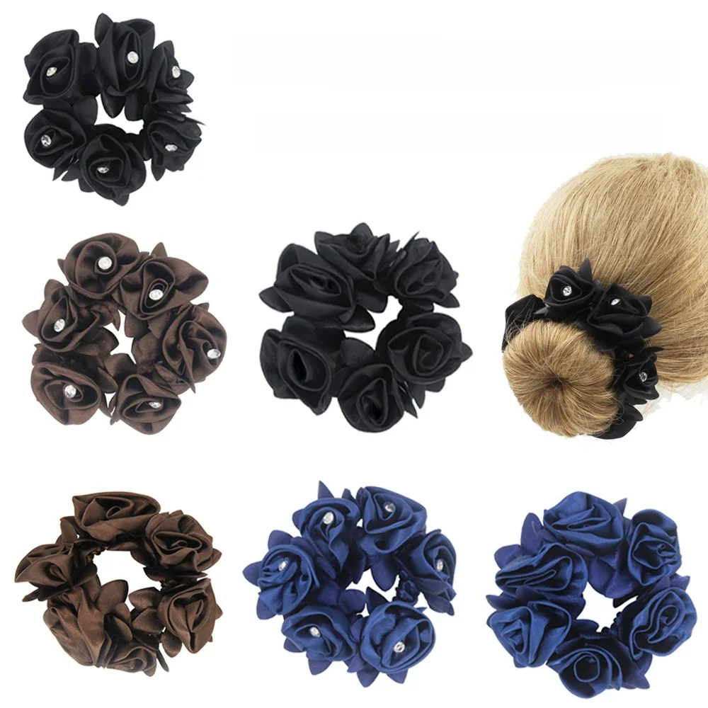 Furling Girl Flowers Design Stain z kryształowymi elastycznymi opaskami do włosów Akcesoria do włosów dla kobiet Pure Color Hair Scrunchies — zdjęcie 2