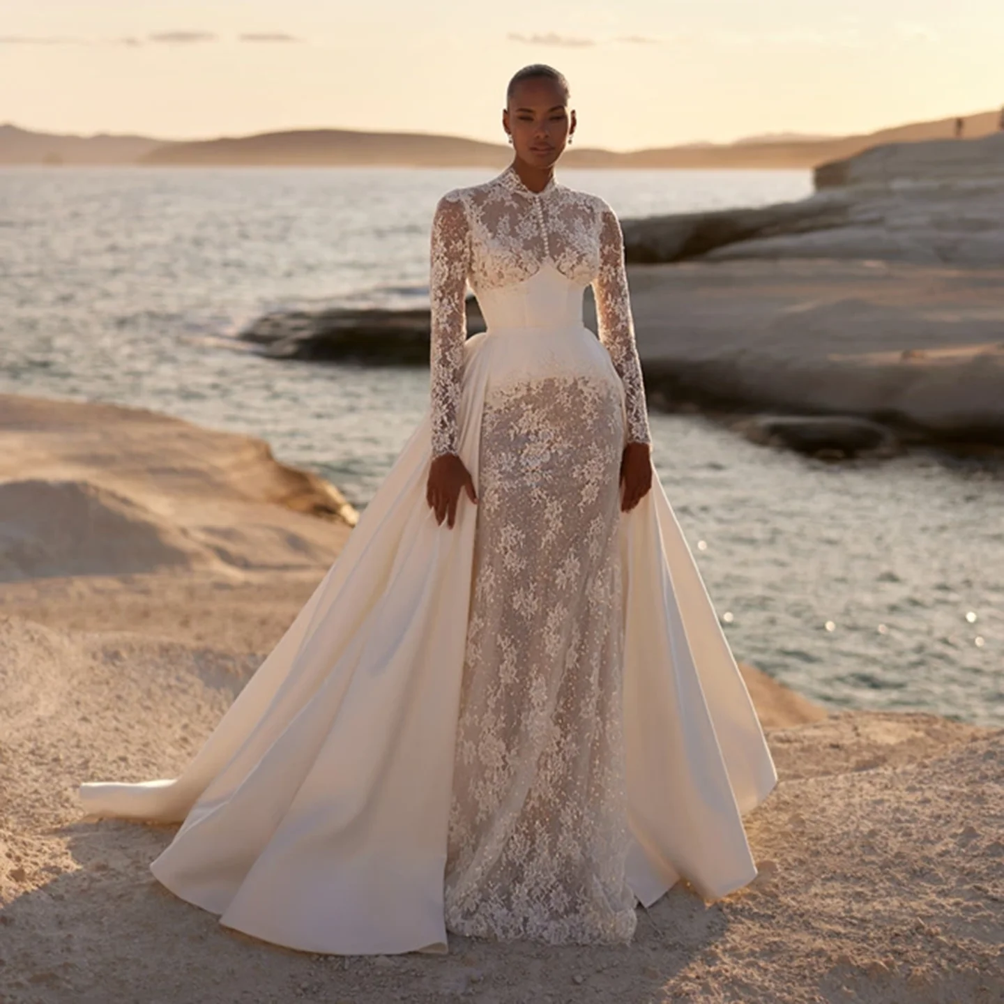 

Sharon Said Glamorous High Neck Long Sleeve Wedding Dress 2025 Off White With Detachable OverSkirt Bride Gowns SW233 Customized