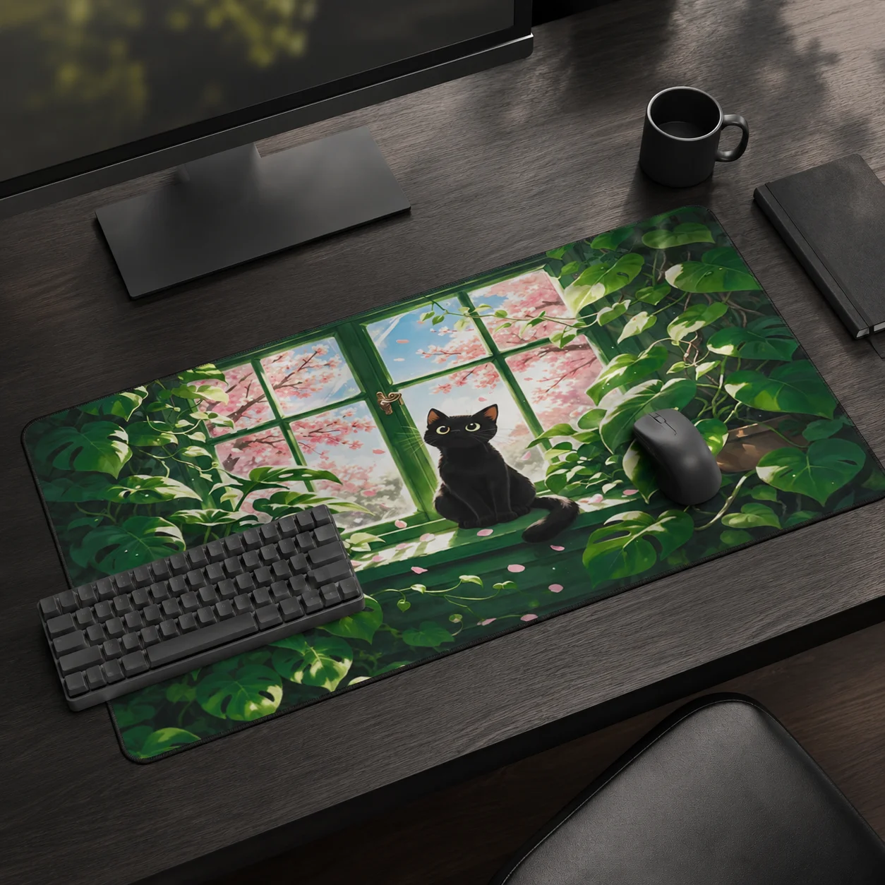 Mauspad Gamer Green Plants Black Cat XL Großes Computer-Mauspad XXL Schreibtischmatten Teppich Naturkautschuk rutschfest Computer
