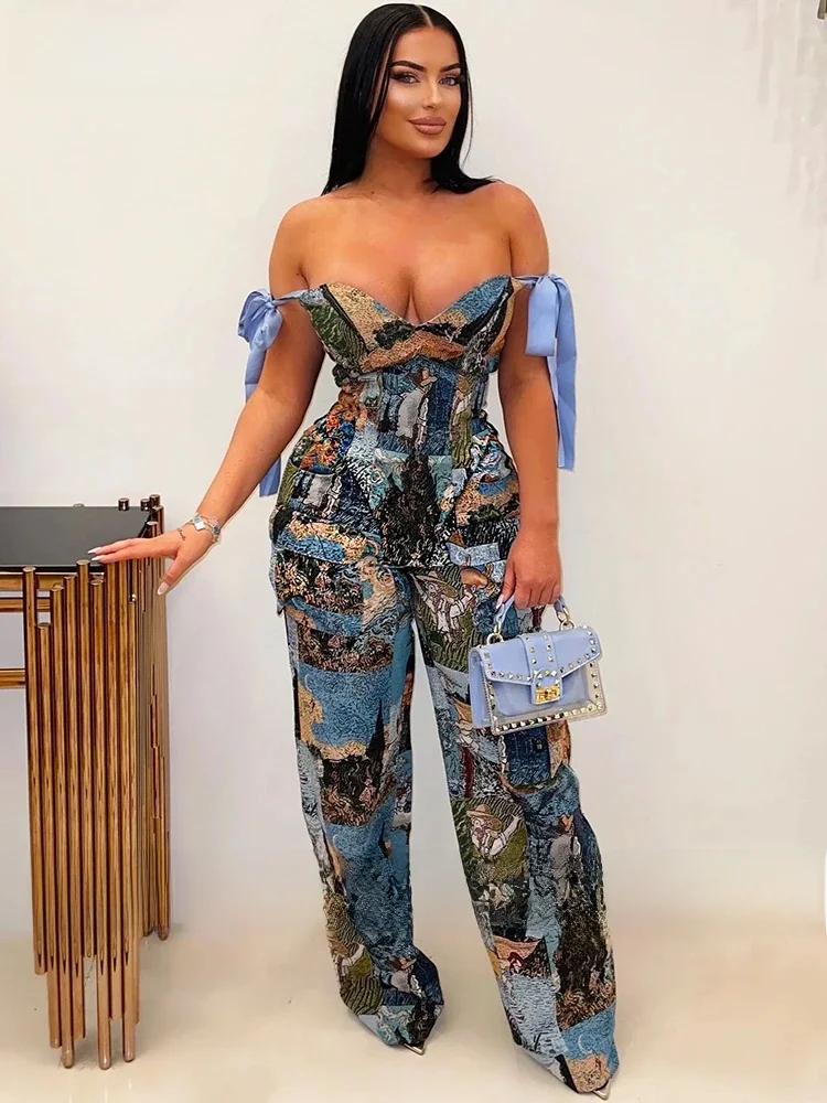 Znaiml New Print Off Shoulder Bandage Crop Tops and Wide Legs Cargo Pants Two Pieces Women Sets Workout Active Wear Club Outfits — zdjęcie 2