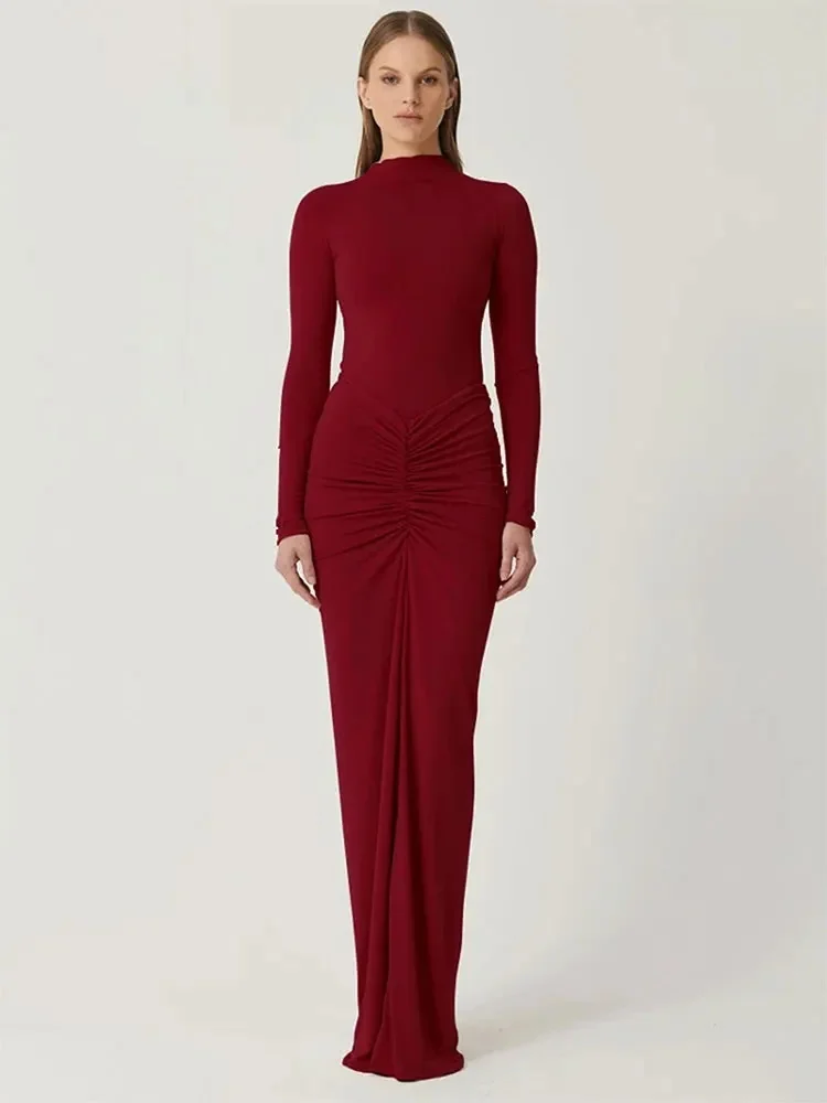 Seksowne czerwone sukienki damskie Jesień Nowa moda uliczna Fałdy O-Neck Długie rękawy Casual Slim Maxi Sukienka Elegancka damska sukienka z dzianiny — zdjęcie 2